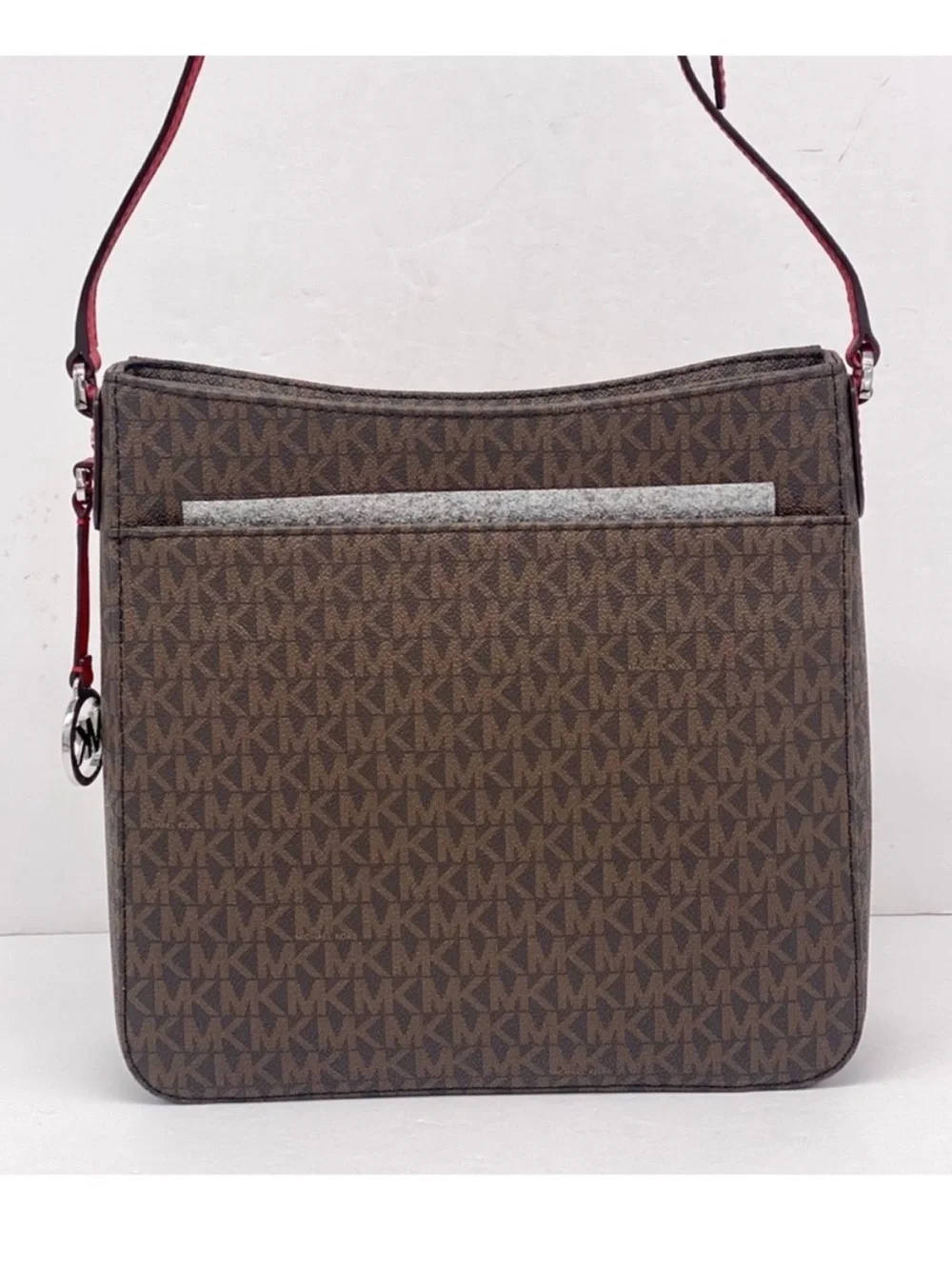 Michael Kors Brown Monogram Messenger Crossbody Bag with Red Strap